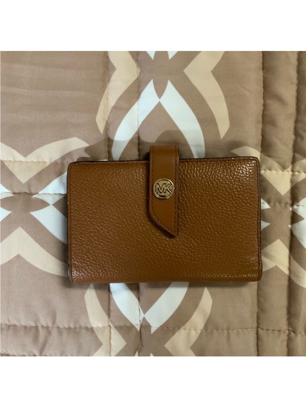 Michael Kors Cognac Pebbled Leather Snap Wallet with MK Medallion